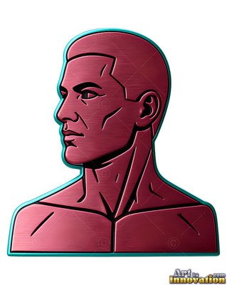 Against a plain background, a maroon metal bust of a man turns his head