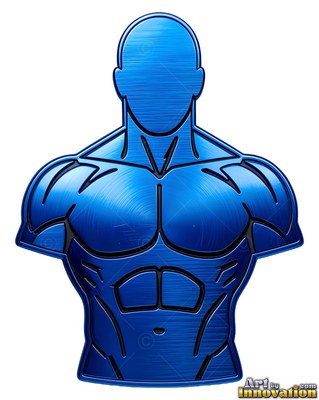 Looking straight ahead, a muscular metallic blue surface bust of a faceless man has black outlines