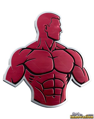 Muscular sculpted torso of a man carved from red brushed metal