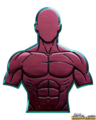 Engraved chest muscles on a maroon metallic bust of a man against a plain white background