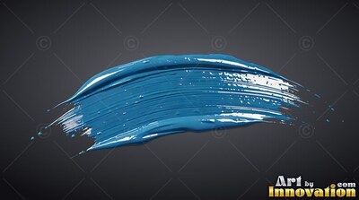 Against a dark gray background, a single stroke of glossy blue paint stretches across