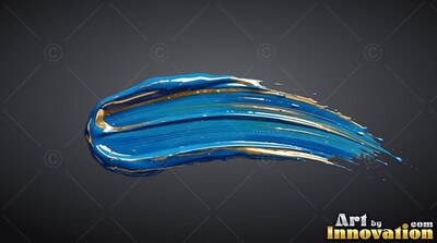 Curving sideways, a thick blue paint stroke has shiny edges lined with gold