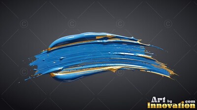 Blue paint brushstroke with gold edges on dark gray