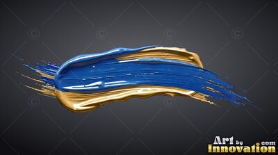 Fresh blue and gold paint stroke with smooth ridges against a dark gray background