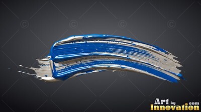A thick stroke of blue paint sweeps horizontally over shiny silver streaks