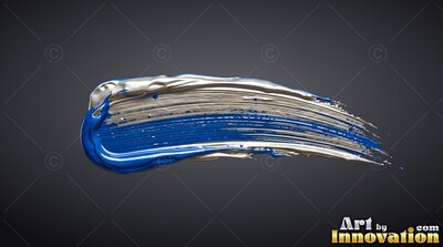 A thick brushstroke of shiny blue and shiny silver paint over dark gray
