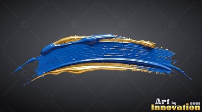 Against a dark gray background, a curved blue and shiny gold paint stroke curves across