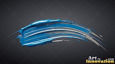 Sweeping across dark gray, a thick blue and white paint stroke tapers to fine points