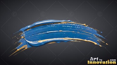 Curving horizontally across a dark gray space, a glossy blue paint stroke with gold ridges