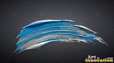 A curved brushstroke of fresh blue and silver paint stretches across a deep gray background