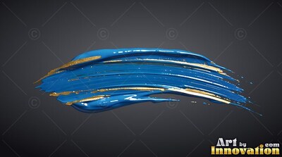 On a dark surface, a thick stroke of blue paint is layered with gold leaf