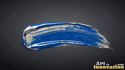 Curving against dark gray, a thick smear of wet blue paint edged in silver
