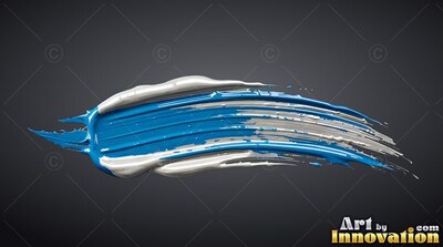 Glossy ridges of blue and white paint form a horizontal stroke against dark gray