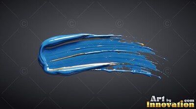 A blue paint stroke sweeps on dark gray with glossy white and gold highlights