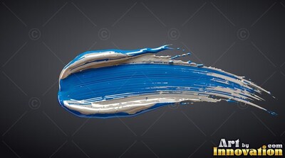 Curving horizontally over a dark gray space, a dense blue paint stroke