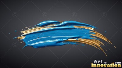 Thick blue and shiny gold paint smeared horizontally on a plain dark gray backdrop