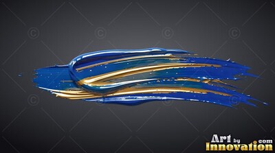 Against a gray background, a thick stroke of slick blue and gold paint sweeps across