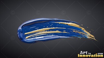 Thick blue paint brushstroke with gold streaks on solid dark gray backdrop