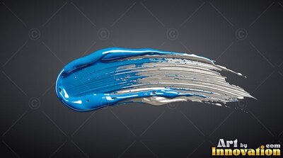 A thick stroke of paint sweeps on dark gray, showing slick blue gloss beside dry silver ridges