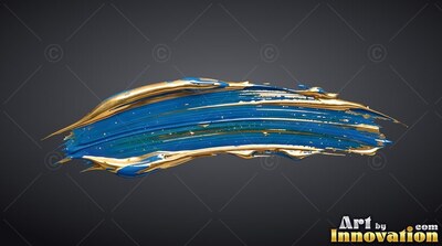 Curving horizontally over a dark gray backdrop, thick blue paint with gold edges