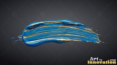 A thick streak of glossy blue paint with gold stripes across a dark gray background