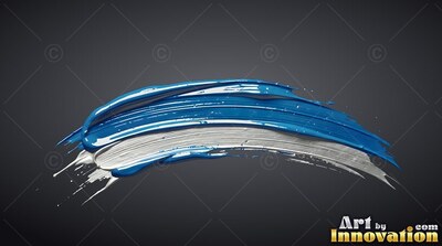 On a dark gray backdrop, a thick curved stroke of blue and silver paint stretches across
