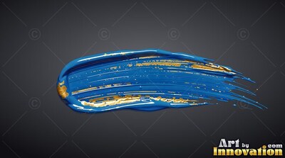 Sweeping across dark gray, a thick blue paint stroke carries streaks of gold