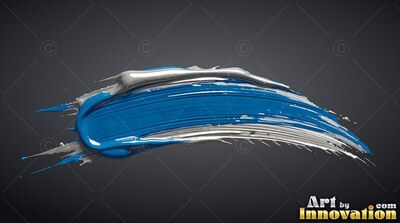 A thick blue and silver paint stroke sweeps across a dark gray background