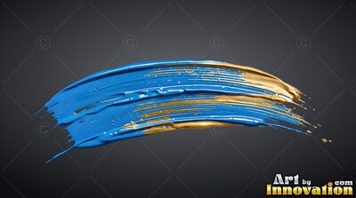 Wet ridges of bright blue and bright gold paint sweep across a dark gray backdrop