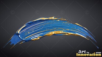 Arching horizontally over dark gray, a wide blue paint smear has wet gold edges