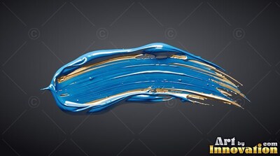 Against a deep gray backdrop, a thick smear of wet blue and shiny gold paint trails across