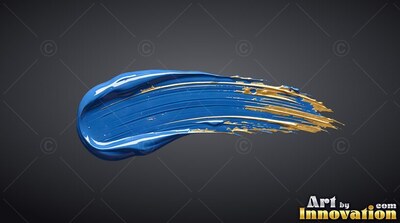 Sweeping across a dark surface, a thick stroke of blue paint carries gold streaks
