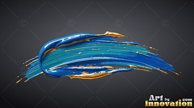 A thick curved blue paint stroke with wet gold edges rests against dark gray
