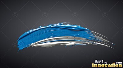 A blue paint stroke sweeps across the dark space, reflecting bright silver light