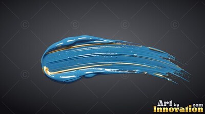 Curving horizontally across dark gray space, blue paint with gold stripes