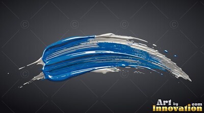 A glossy blue and white paint stroke curved across a deep gray background