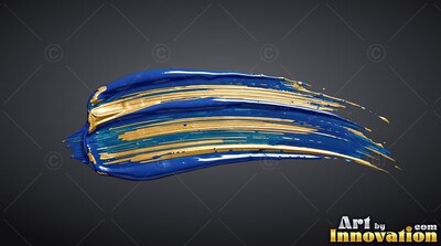 Against a dark gray backdrop, a wide blue paint smear carries wet gold streaks