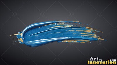 Sweeping across a black backdrop, a heavy blue brushstroke mixes with gold flecks