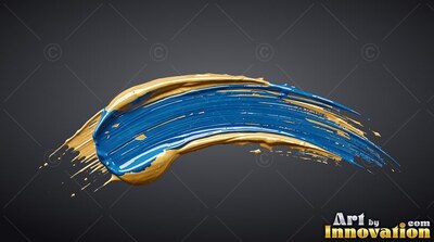 Thick blue paint bordered by yellow curves over a charcoal gray surface