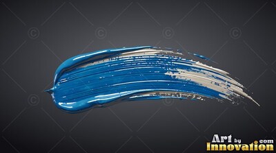 A thick smear of blue and white brushstroke runs across a solid dark gray backdrop with glossy wet highlights
