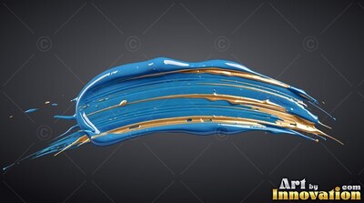 Sweeping horizontally against dark gray, a thick blue stroke carries gold ridges