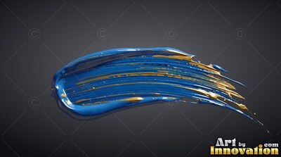 On a plain dark gray backdrop, a dense blue paint stroke trails gold streaks