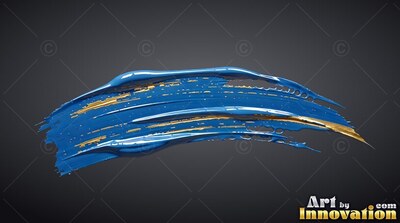 Curving over a dark gray backdrop, a thick blue brushstroke carries bright streaks of gold