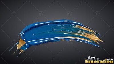 Thick wet ridges shape a blue and metallic gold paint stroke across a dark gray space