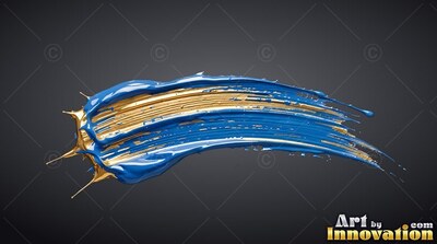 Curving horizontally on a dark gray space, thick blue and metallic gold paint sweeps