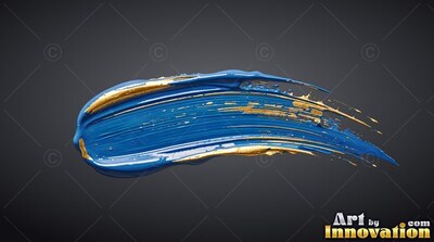 A thick streak of blue paint mixed with gold trails against a dark gray backdrop