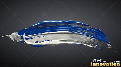 On a solid dark gray backdrop, a thick brushstroke of blue and white paint curves across