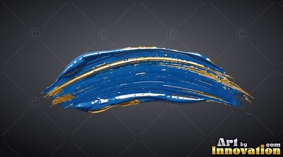 Curving against a dark gray backdrop, a heavy blue brushstroke has gold edges