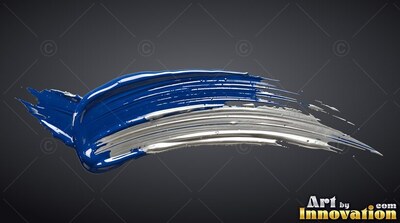 Thick blue and silver paint stroke on a deep gray backdrop