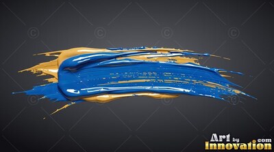 A thick smear of glossy blue and tan paint stretches across a gray backdrop